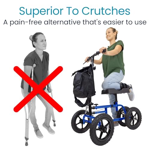 Vive Mobility All Terrain Knee Scooter Walker for Foot Injuries - Adult Broken Leg Crutch Cart Roller for Surgery, Broken Foot, Ankle Injury - Kneeling Rolling Steerable Seated Wheel Scooter Aid - color: Blue