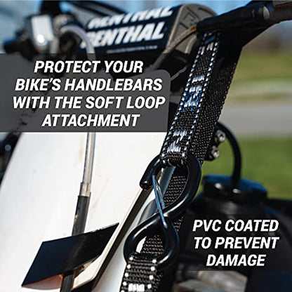 Heavy Duty Motorcycle Tie Down Straps - 1" x 8' Cam Buckle Straps with Soft Loops & Safety Hooks - Secures Motorbikes, Dirtbikes, ATV, UTV - 2 Pack