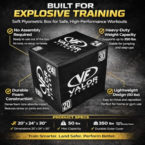 Valor Fitness Soft Plyobox – Foam Padded Plyometric Box for Strength and Conditioning Training, 20” x 24” x 30” for Jumping, Box Jumps & Home Gym Workout
