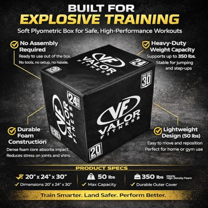 Valor Fitness Soft Plyobox – Foam Padded Plyometric Box for Strength and Conditioning Training, 20” x 24” x 30” for Jumping, Box Jumps & Home Gym Workout