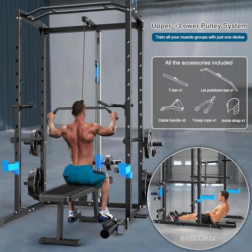 Power Cage, Multi-Functional Power Rack with J-Hooks, Dip Handles, Landmine Attachment and Optional Cable Pulley System for Home Gym - size: 240LB Weights Package+Flat Bench
