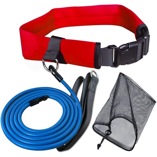 Swim Belt Swim Training Belt with 2.2M Bungee Cord Adjustable Swim Tether for Swim in Place Swimming Pool Trainer Belt for Stationary Harness Aquatic Resistance Water Exercise - color: Red