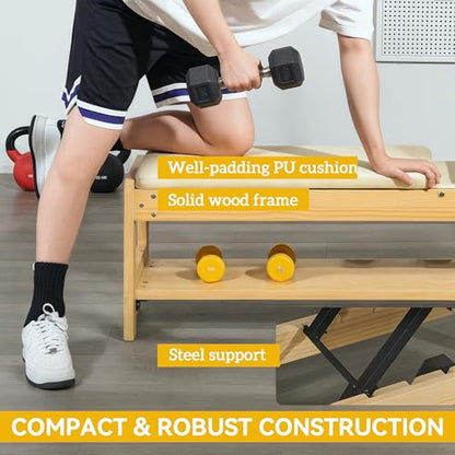 Soozier Adjustable Weight Bench with Dumbbell Rack, Wooden Workout Bench, Flat or Incline Bench for Home Gym Weight Lifting Training - color: White