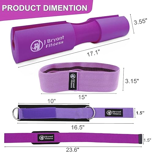 J Bryant Barbell Pad Set with 2 Ankle Straps for Cable Machines Hip Resistance Band Weight Lifting Straps Thick Cushion Hip-Thrusts Pad with Carry Bag for Squats Bench Press Workout - color: purple set