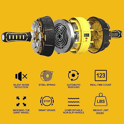 Ab Roll Wheel with Build in Spring Steel Sheet, 3 Levels Resistance Automatic Rebound Abdominal Wheel with Display, Smoothier Resistance, Ultra-wide Wheels, Knee Pad, Longer Service Life