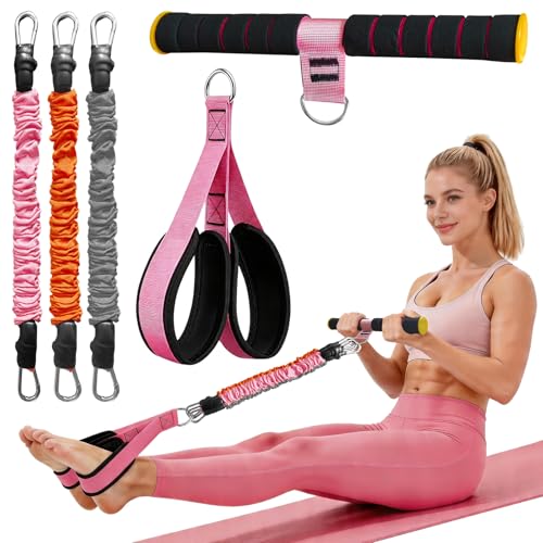 Upgraded Durable Pedal Resistance Band with Padded Handle, 3 Tubes 20/30/40LBS Bands for Abdomen, Waist, Arm, Core/ABS, Legs, Glutes Workout - Sit Up Exercise Equipment for Women