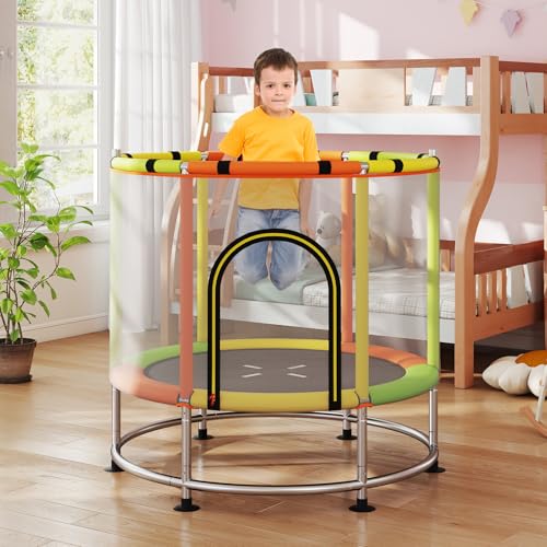 GYMAX 55" Trampoline for Kids, 440LBS 6 in 1 Toddler Rebounder with Swing, Basketball Hoop, Punching Bag, Rings & Bar, No-Gap Jumping Mat Mini Indoor Outdoor Trampoline