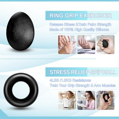 Grip Strength Trainer(5 Pack) with Finger Exerciser, Hand Grip Strengthener, Finger Stretcher,Grip Ring & Stress Relief Ball for Muscle Building and Injury Recover with Carry Bag - color: BLACK