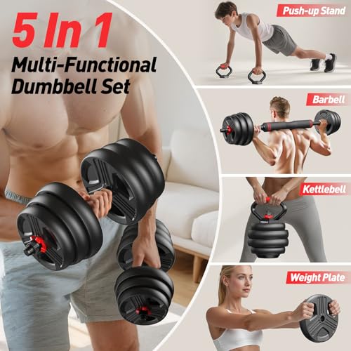 FITPLAM Adjustable dumbbell set,20/35/45/55/70/90lbs Free Weights set with upgraded nut, 5 in 1 Weight Set Used as Kettlebells, Barbell, Push up Stand, Fitness Exercise for Home Gym Suitable Men/Women - style: 45LB Total(22.5LB Each)