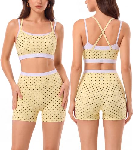 2 Pieces Workout Sets for Women,Seamless Athletic Short with Double Layer Sports Bra,Gym Matching Outfits - color: Ylw005, size: Large