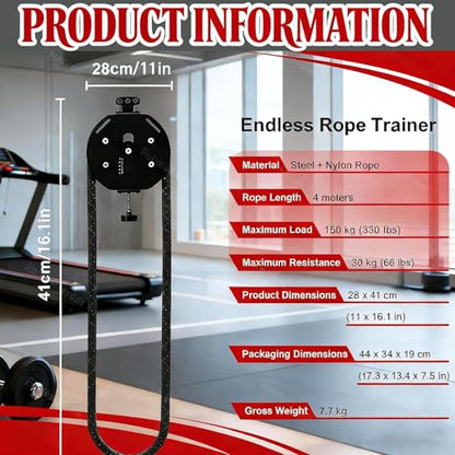 Endless Rope Trainer, Portable Cable Pulley System,Adjustable Tricep Rope Equipment | 330lb Load Capacity, 30kg Max Resistance for Full Body Workout & Strength Training - color: Black