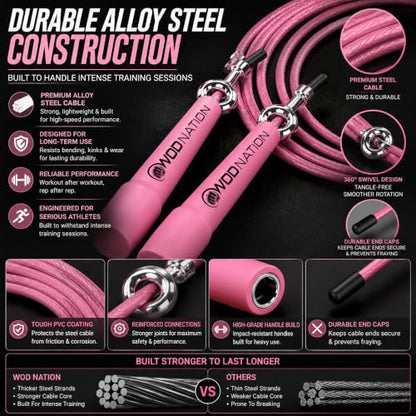WOD Nation Adjustable Speed Jump Rope For Men, Women & Children - Blazing Fast Fitness Skipping Rope Perfect for Boxing, MMA, Endurance - color: Pink