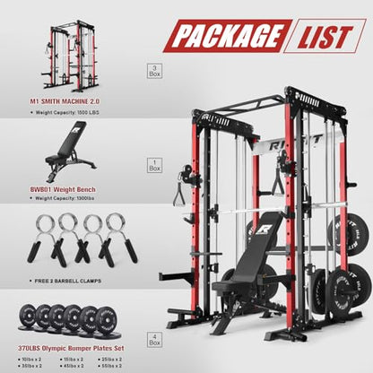 RitFit M1 Pro Smith Machine Cable Crossover Power Cage Home Gym - color: RED, size: M1 PRO (With BP370)