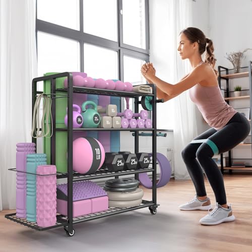 4-Tier Dumbbell Rack Stand Only, Adjustable Weight Rack for Dumbbells Kettlebells Yoga Mat, Home Gym Storage Rack with Wheels and Hooks, Powder Coated Finish