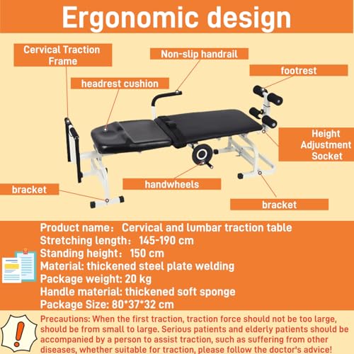 Lumbar Traction Bed, Cervical Spine Stretcher Machine Adjustable Length, Back Stretcher Traction Spinal Decompression Devices Therapy Massage Table, Black