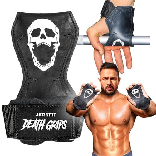 JerkFit Death Grips Premium Lifting Straps - Car Tire Grade Rubber PVC Wrist Straps for Shrugs, Pull Ups & Deadlifts with Neoprene Padded Support - size: Medium