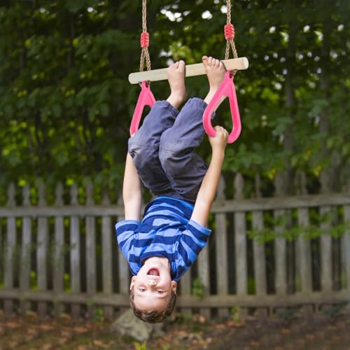 PELLOR Trapeze Bar Gym Rings -Trapeze Swing Bar for Playground Wooden Swing Set with Adjustable Rope Kit Equipment for Children Adult - color: Pink