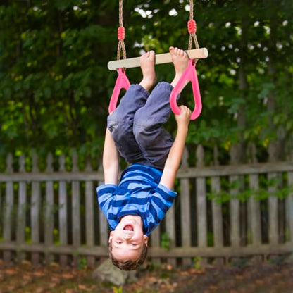 PELLOR Trapeze Bar Gym Rings -Trapeze Swing Bar for Playground Wooden Swing Set with Adjustable Rope Kit Equipment for Children Adult - color: Pink