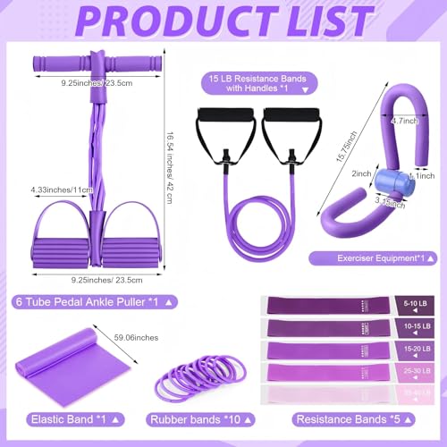 17 Pcs Home Pilates Kit with Resistance Bands 6 Tube Pedal Puller Resistance Band Set for Women Weight Loss Leg Training Workout Equipment Gym Exercise Equipment Beginners Yoga (Purple)