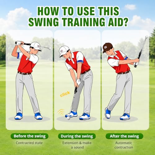 Retractable Golf Swing Trainer, Golf Training Aid with Arm Band for Strength & Tempo Training, Golf Grip Trainer for Right-Handed Chipping Hitting, Indoor & Outdoor Practice