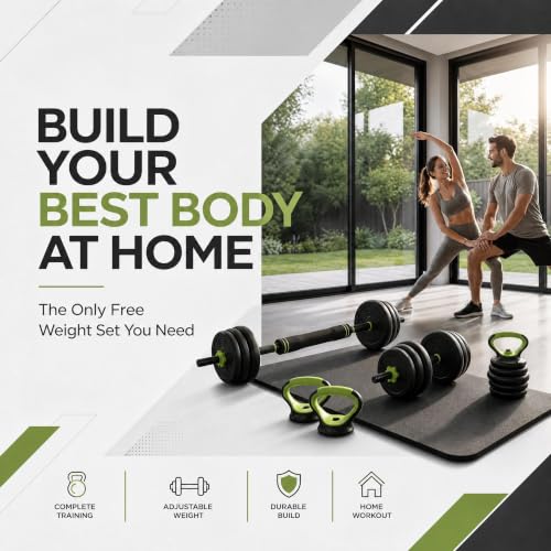 Adjustable Dumbbell Set 44LB, 4-in-1 Free Weight Set with Barbell & Kettlebell & Push-Up Handles, Compact All-in-One Home Gym for Men & Women, Anti-Slip Grip, Quiet Rubber-Coated Plates
