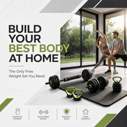 Adjustable Dumbbell Set 44LB, 4-in-1 Free Weight Set with Barbell & Kettlebell & Push-Up Handles, Compact All-in-One Home Gym for Men & Women, Anti-Slip Grip, Quiet Rubber-Coated Plates