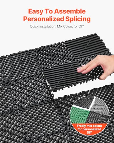 VEVOR Interlocking Drainage Mat, 12” x 12” Modular Interlocking Cushion, 24 Pcs Splicing Drainage Mats, Non-Slip PP Drainage Floor Tile and Shower Mat, for Garage, Garden, Kitchen & Outdoor, Black