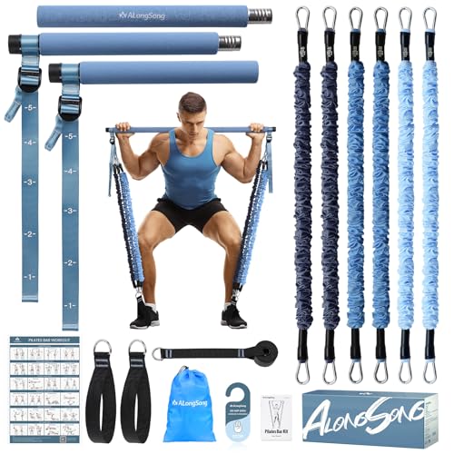 Upgraded Pilates Bar Kit with Resistance Bands Natural Latex for Women & Men, Heavy-Duty Stainless Steel Multifunctional Yoga Pilates Stick for Home Gym Exercise Fitness Equipment Full-Body Workouts