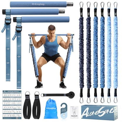 Upgraded Pilates Bar Kit with Resistance Bands Natural Latex for Women & Men, Heavy-Duty Stainless Steel Multifunctional Yoga Pilates Stick for Home Gym Exercise Fitness Equipment Full-Body Workouts
