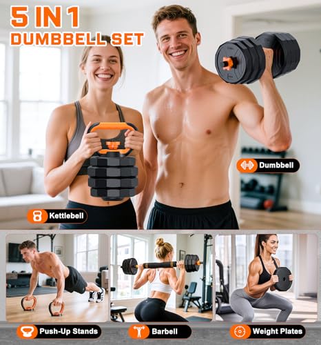 5-in-1 Adjustable Dumbbell Set, 33/44/66/88lbs Free Weights Set with Connector, Used as Kettlebells, Barbell, Push up Stand, Standard 1" Plates, Fitness Exercises for Home Gym Suitable Women/Men - color: 66LB (33LB Pair)