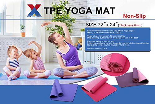 Attraction Design Yoga Mat Non Slip Exercise Mat Extra Thick Workout Mat for Yoga, Eco Friendly Exercise Yoga Mat High Density Fitness Pilates Mat with Carrying Strap, 72"x 24"x 6mm - color: Purple