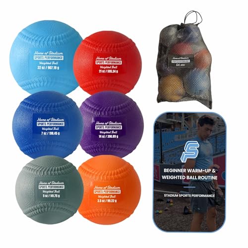 Set of 6 Weighted Balls with Seams & Free Throwing Program | Throwing Arm Strength & Velocity Training | 3.5oz, 5oz, 7oz, 14oz, 21oz, 32oz | Carry Bag Included