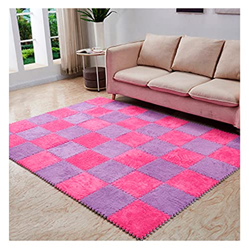 12 Pieces Thickened Plush Foam Interlocking Floor Mat,Fluffy Square Foam Tiles with 12 Edgings,Soft Anti-Slip Puzzle Area Rug Playmat for Bedroom,12X12inch,12 Tiles/11.6 Sq.Ft,Rose+Grey Purple - color: Rose+grey Purple