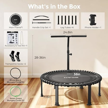 BCAN BT4 38/40/48" Soft Land Pro Adult Bungee Rebounder Trampoline, 500lb Capacity, Adjustable Tension Bungees, One-Piece Frame, Quiet Indoor Cardio w/Handle,Phone Holder & 2 Pairs Socks| FED Fitness - color: 38IN-Black
