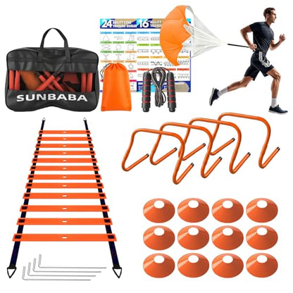 Agility Ladder Speed Training Equipment Set with 20ft Agility Ladder,4 Hurdles,12 Cones,Jump Rope,Running Parachute-Ideal Training Equipment for Kids Youth Adults in Soccer Football Basketball