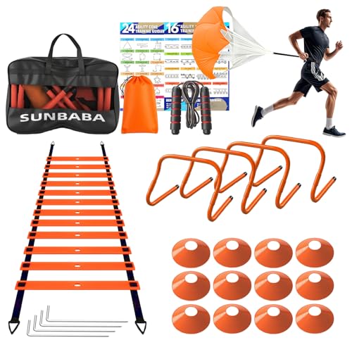 Agility Ladder Speed Training Equipment Set with 20ft Agility Ladder,4 Hurdles,12 Cones,Jump Rope,Running Parachute-Ideal Training Equipment for Kids Youth Adults in Soccer Football Basketball