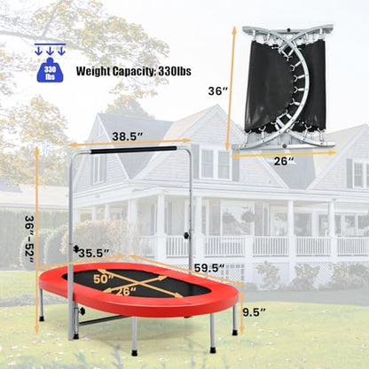 KOTEK Mini Foldable Trampoline for Kids, Double Fitness Trampoline with 5-Level Adjustable Handle Bar & Safety Pad, Toddler Trampoline for Indoor Outdoor Parent-Child Twins Use, Max Load 330 Lbs