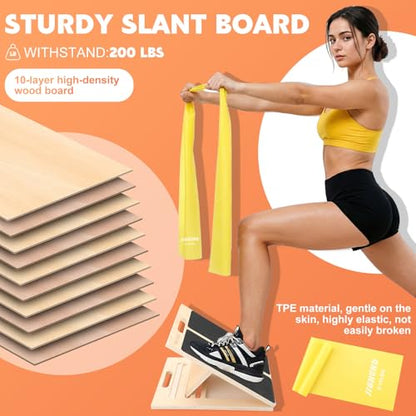 Slant Board for Calf Stretching, Adjustable Wooden Calf Stretcher Incline Board with 3 Pcs Resistance Bands Calf Stretch Board for Squats Leg Knees Heel Ankle Stretching