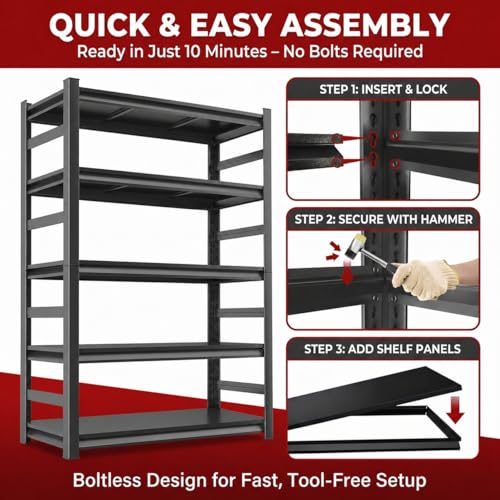 Garage Shelving, 3000 LBS Heavy Duty Metal Storage Shelves with Anti-Fall Rails, 5-Tier Adjustable Storage Rack for Garage, Warehouse, Basement, 35.4" W x 15.7" D x 72" H