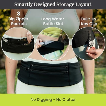 Low-profile Running Belt with Water Bottle Pocket – Adjustable No-Bounce Travel Money Belt and Fanny Pack with 3 Zippered Pockets & Key Clip - Fits Any Size Phone, Passport & More - size: Medium