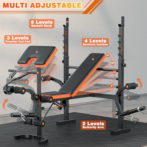 XDDIAS Bench Press, 6 IN 1 Olympic Weight Bench With Leg Extension, Curl and Squat Rack, 770LBS Multi Weight Benches for Home Gym, Workout Bench Flat Incline Lifting Bench for Strength Training