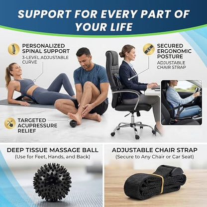 Back Stretcher for Lower Back Pain Relief with Massage Ball & Support Belt, Multi-Level Adjustable Arch Lumbar Back Cracker Board, Spine Decompression & Posture Support Back Massager