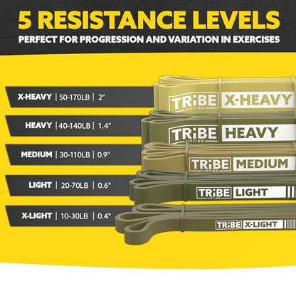 Tribe Lifting Resistance Bands for Working Out Men and Women - Set of 5 Pull Up Bands for Strength Training, Exercise Bands with Handles, Door Anchor and Bar Options for Home Gym