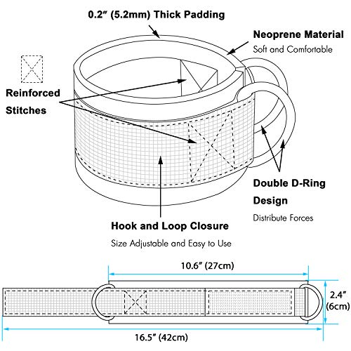 1 Pair of Fitness Ankle Straps for Cable Machine - Double D-Ring, Adjustable Comfort fit Neoprene - for Men and Women - color: Blue