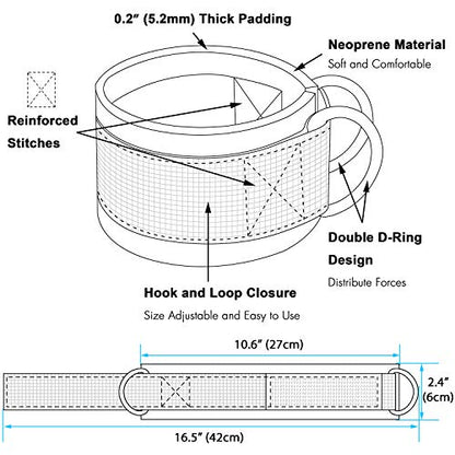 1 Pair of Fitness Ankle Straps for Cable Machine - Double D-Ring, Adjustable Comfort fit Neoprene - for Men and Women - color: Blue