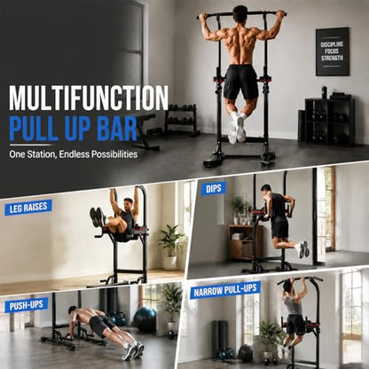 Pull Up Bar, Multifunction Power Tower Dip Bar Station Home Gym Strength Training Workout Equipment for Pull-up Push-up Dips