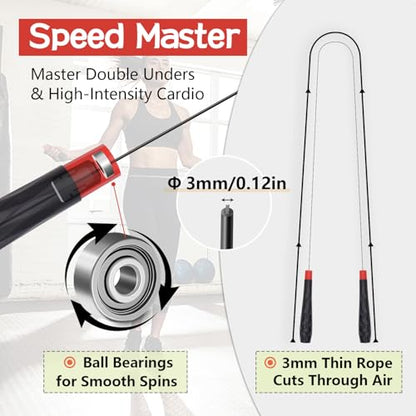 Jump Rope with Ball Bearings, 3mm Steel Speed Rope for Double Unders, Tangle-Free 9.2 Ft Adjustable Lightweight Skipping Rope for Cardio, Fitness, and Weight Loss – Speed Jumping Rope perfect for Men ,Women & Kids