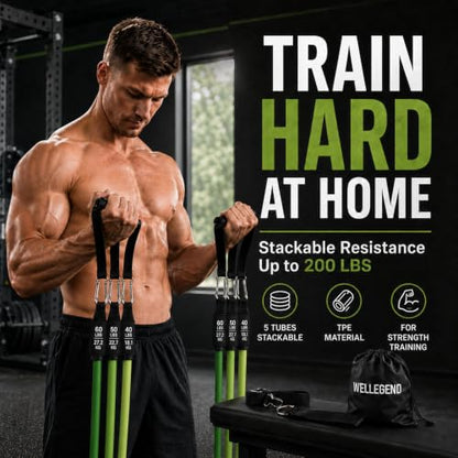 Resistance Bands Set, 200 LBS Stackable 5-Tube Set with Handles, Door Anchor and Ankle Straps for Full-Body Strength Training