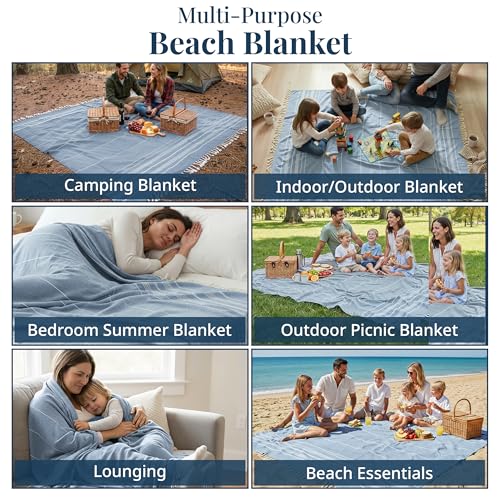 LANE LINEN Beach Blanket Sand Free, Picnic & Cotton Beach Towel - Sky Blue - color: 03: Sky Blue, size: Beach Blanket (82" x 82")