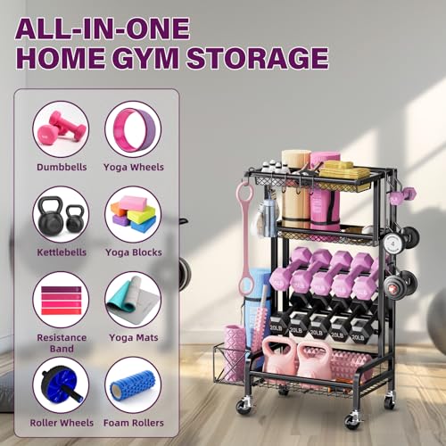 Dumbbell Rack, Weight Rack for Home Gym Storage Rack with Lockable Wheels & Hooks, Workout Equipment Storage for Yoga Mat Foam Roller Kettlebells Resistance Bands